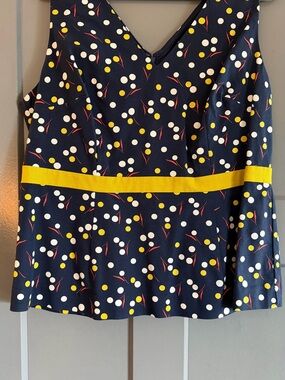 Boden Navy Polka Dot Peplum Blouse with Yellow, White and Red Accents